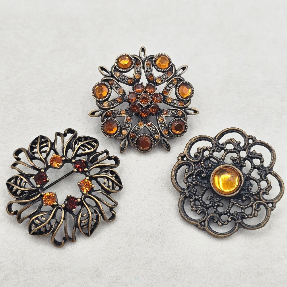 Autumn Rhinestone Brooch Pin Lot Dark Tone Filigree 3pc Set Fall Colors
